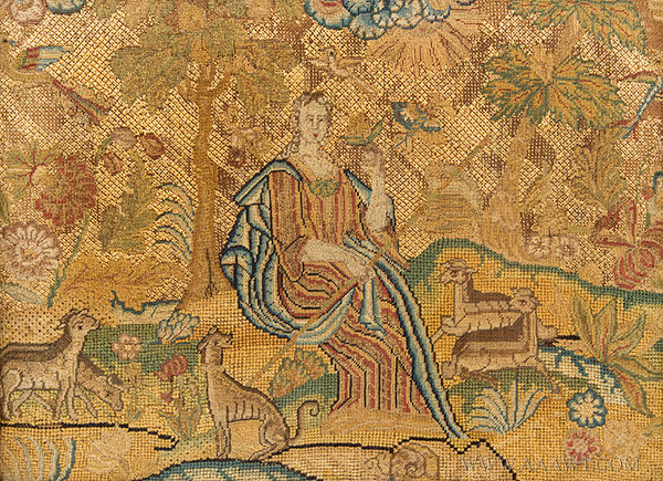 Antique Silk Embroidery on Linen of Shepherdess Seated in Landscape, English, Circa 1740, close up view